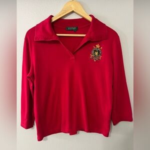 Lauren Ralph Lauren Red Crest Polo Top Size L Embroidered Logo 3/4 Sleeve Preppy